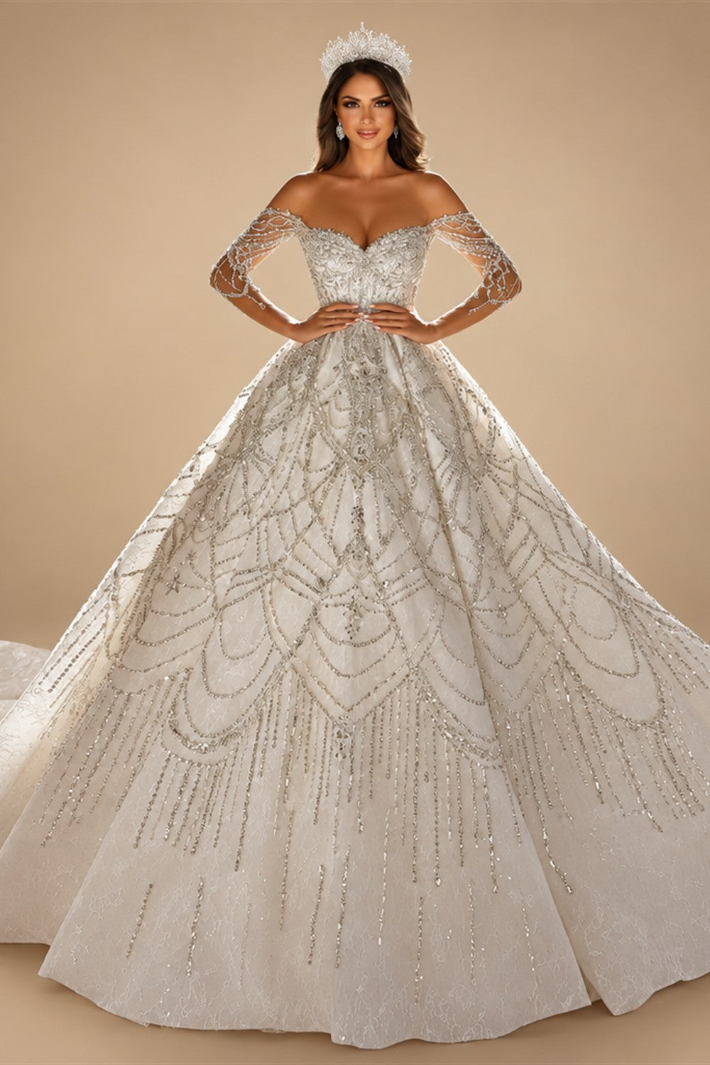 Luxury Beaded Long Sleeve Ball Gown Wedding Dress ZP184