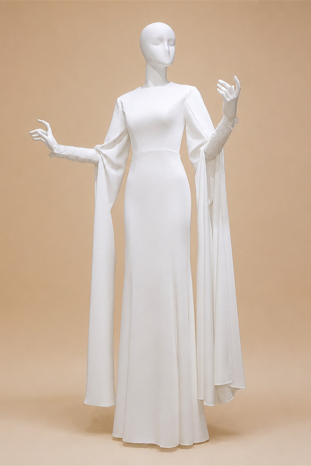 Ivory Minimalist Modest Mermaid Beaded Satin Wedding Dress  Sweep Train ZP031
