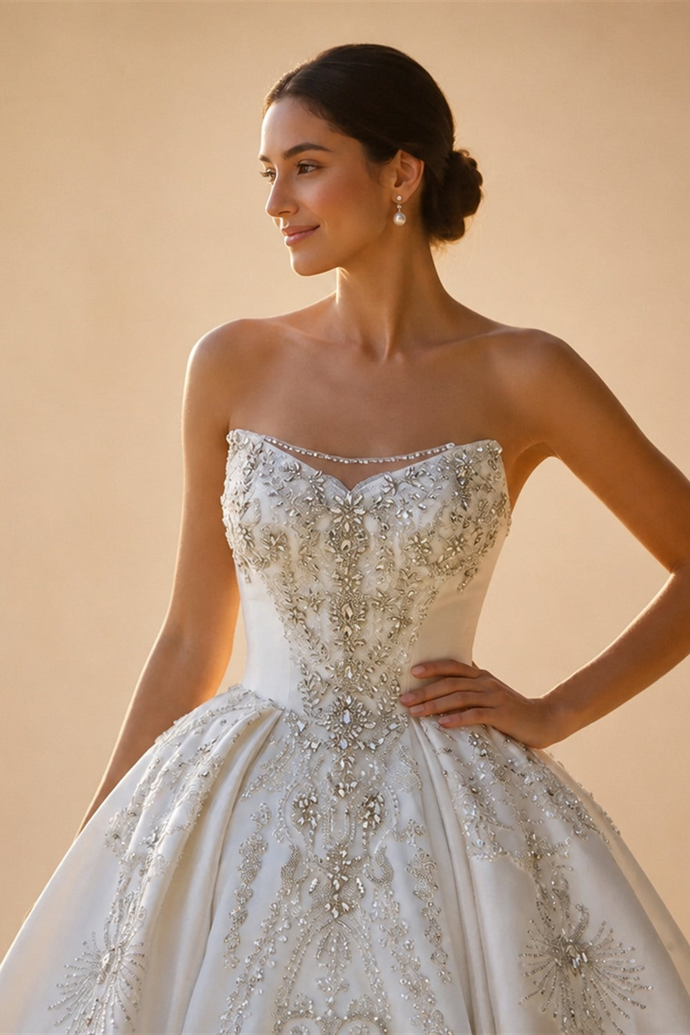 White Satin Strapless Ball Gown Wedding Dress with Luxurious Beaded Lace and Cathedral Train ZP016