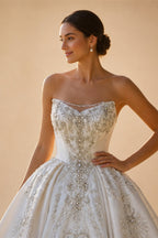 White Satin Strapless Ball Gown Wedding Dress with Luxurious Beaded Lace and Cathedral Train ZP016
