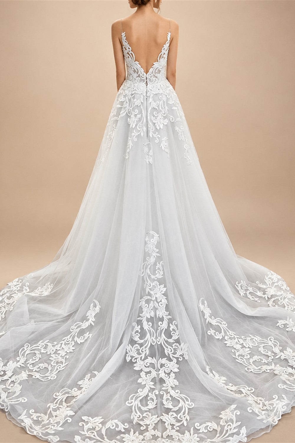Flowy A Line Tulle V Neck Wedding Dress With Custom Made Beach Bridal Gown