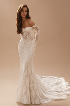 Romantic Ivory Off-the-Shoulder Lace Mermaid Wedding Dress with Tulle Overlay ZP132