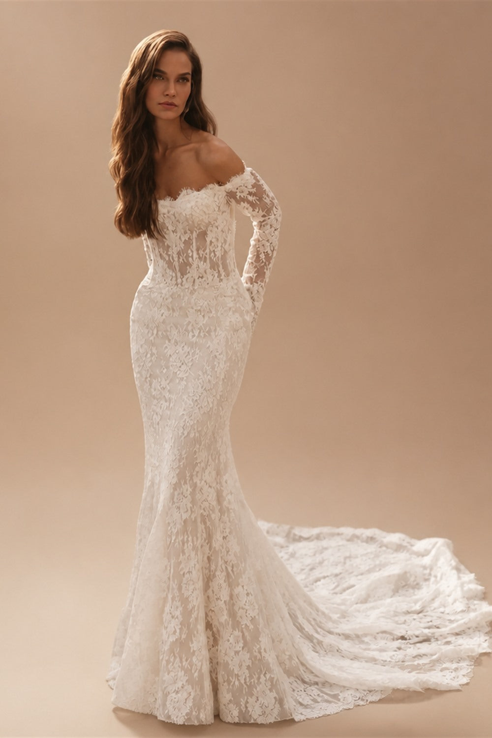 Romantic Ivory Off-the-Shoulder Lace Mermaid Wedding Dress with Tulle Overlay ZP132