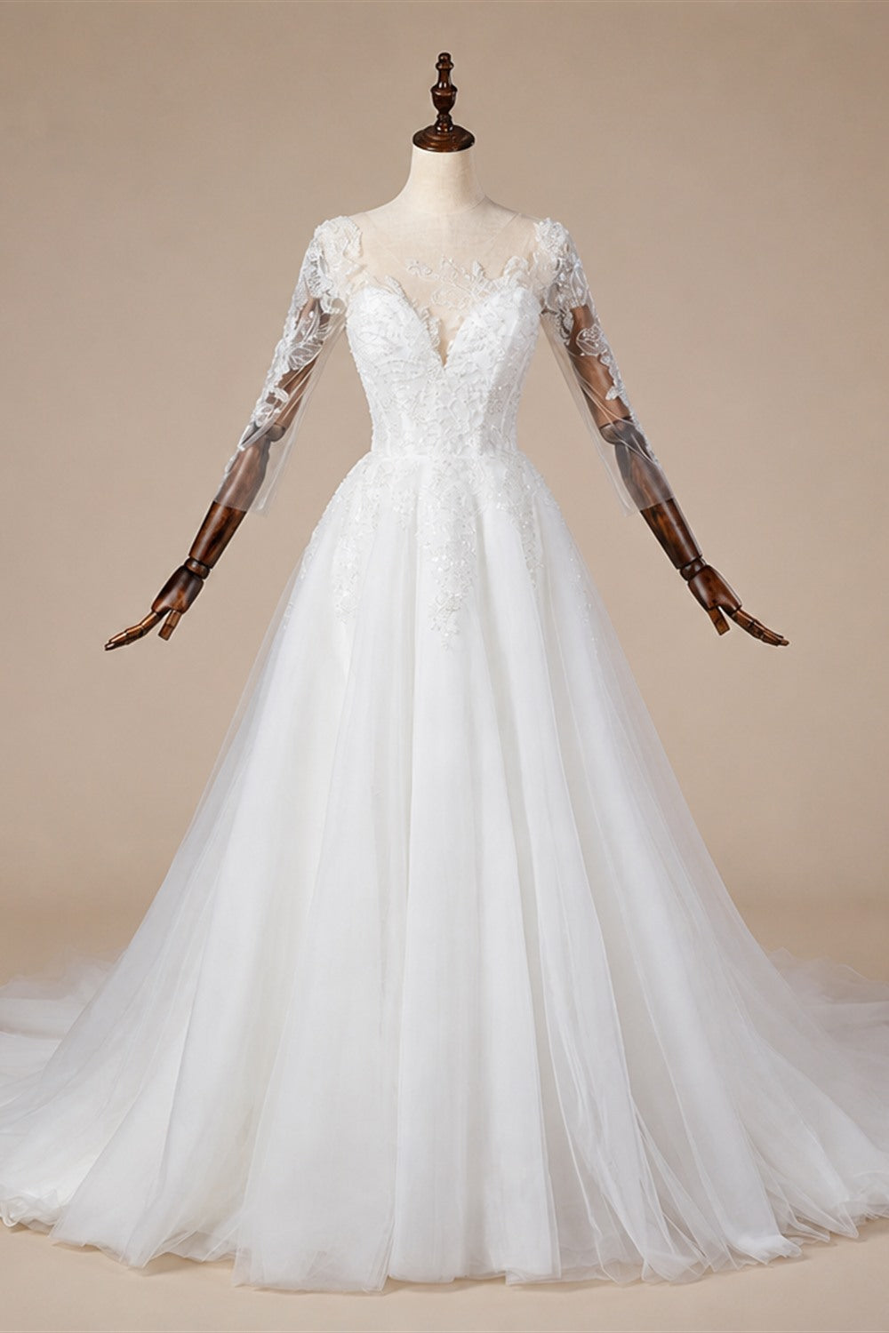 Glamorous White Illusion Neck Lace & Tulle Wedding Dress with Cathedral Train ZP063