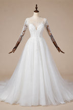 Glamorous White Illusion Neck Lace & Tulle Wedding Dress with Cathedral Train ZP063