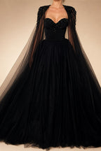 Black Luxury Gothic  Wedding Dress Beaded Tulle Ball Gown With Sheer Beaded Cape ZP028
