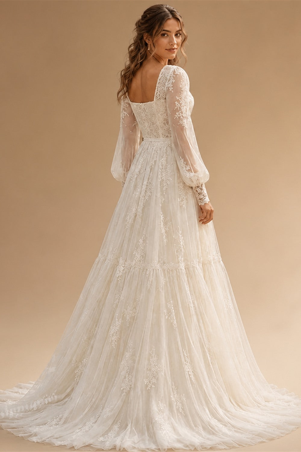 Vintage Square Neck Puff Long Sleeve Boho Wedding Dress Lace Applique Tulle A Line Bridal Gowns Tiered Wedding Gowns Customized