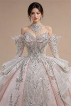 Luxury Embroidery Puff Sleeve Ball Gown Wedding Dress ZP156