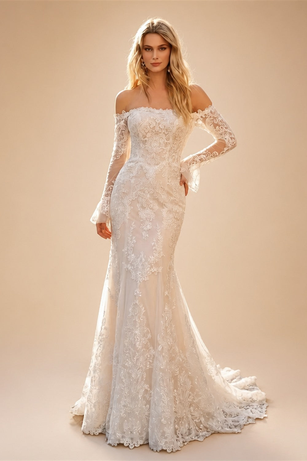 Off White  Lace Stunning Feminine Mermaid Wedding Dress Train  ZP036
