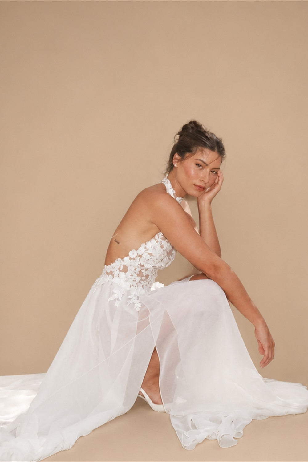 Romantic Halter Neck 3D Floral Lace Sheer Slit Wedding Dress ZP041