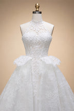 Luxury White A-Line Wedding Dress with Lace Embroidery and Overskirt ZP167