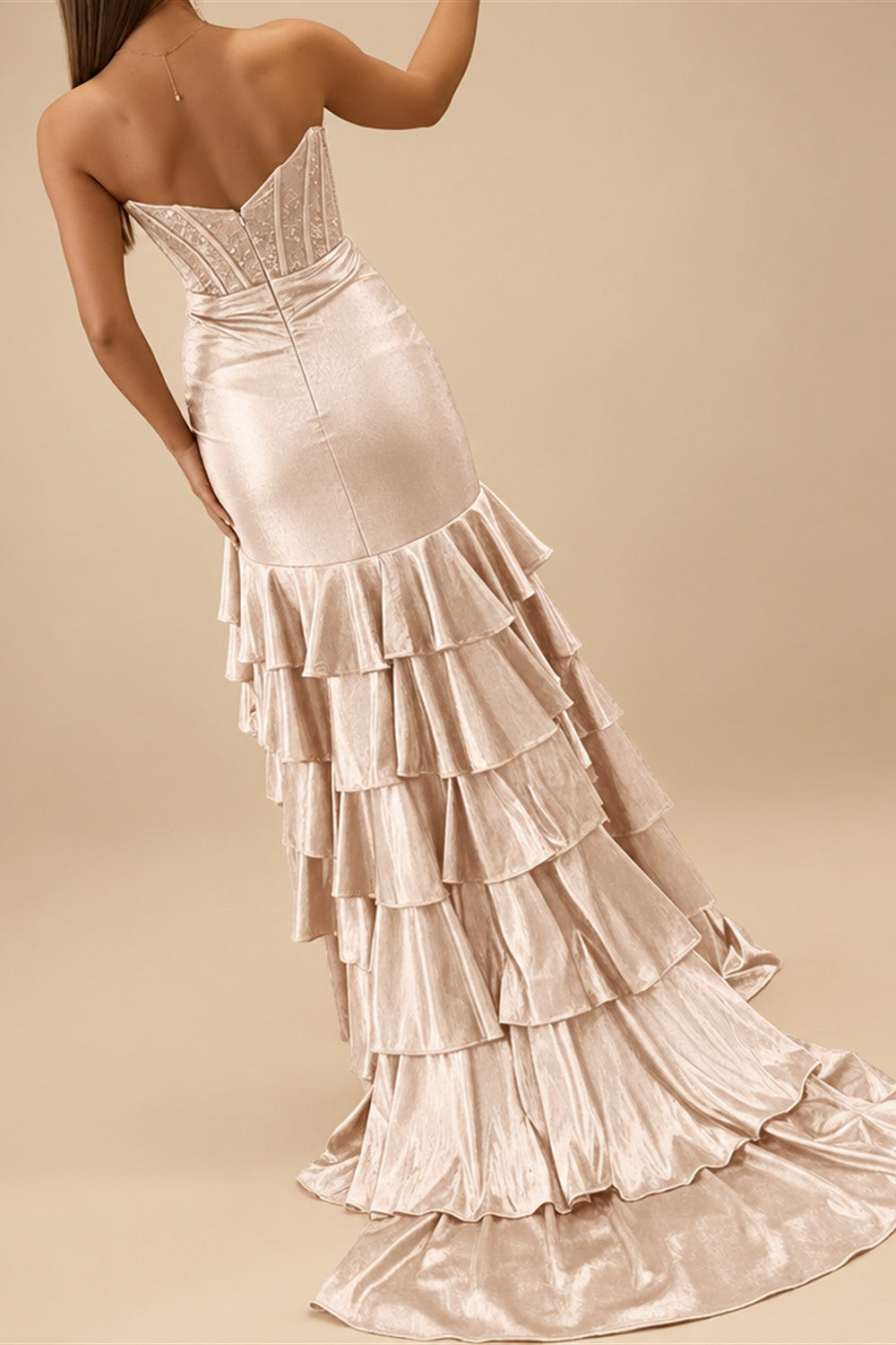 Luxury Crystal Ruffle Removable Off Shoulder Long Mermaid Prom Dress in Champagne