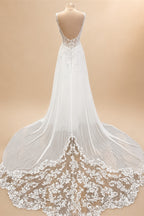 Custom Boho Chiffon Wedding Dress Long Open Back V Neck Lace Appliques Gown