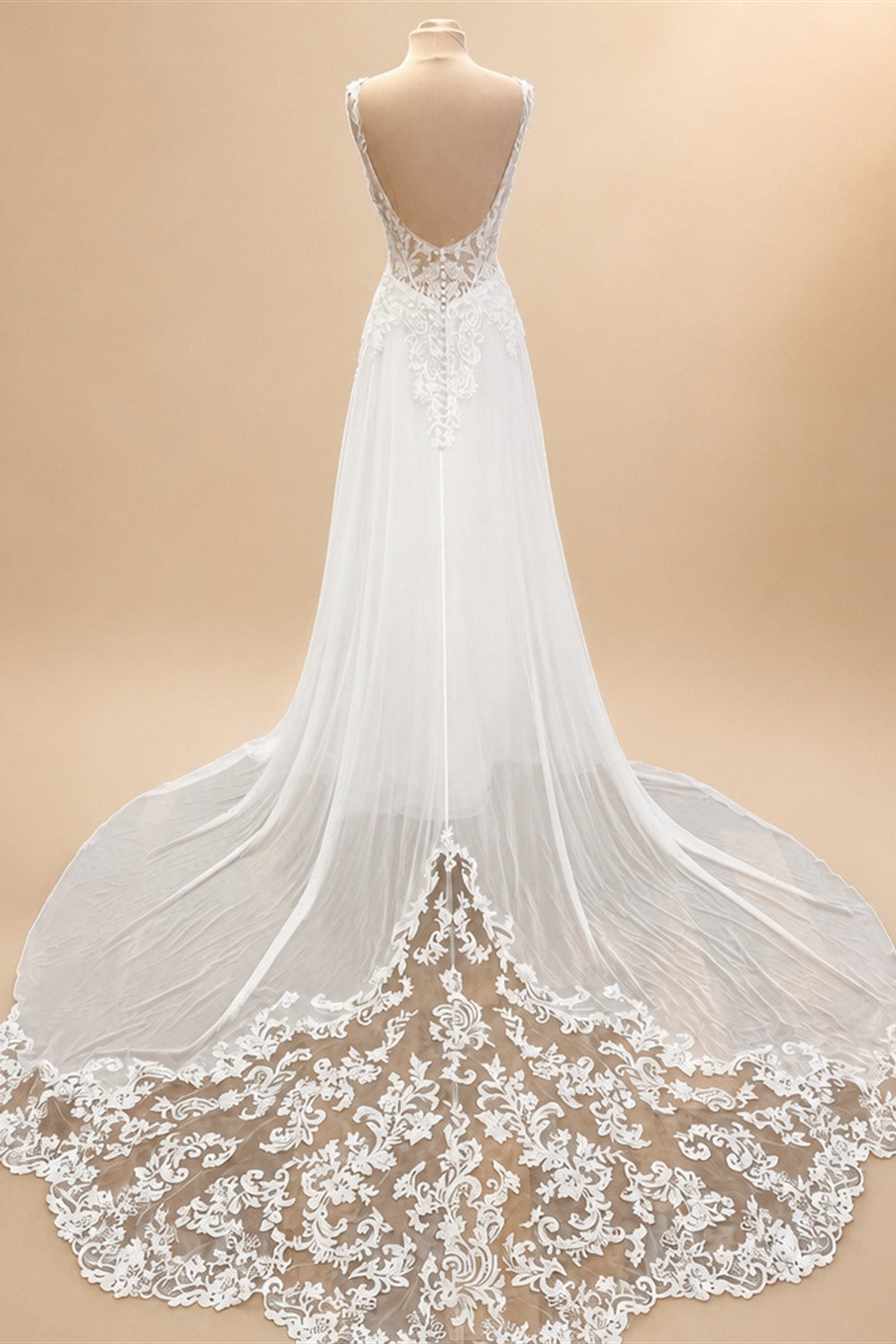 Custom Boho Chiffon Wedding Dress Long Open Back V Neck Lace Appliques Gown