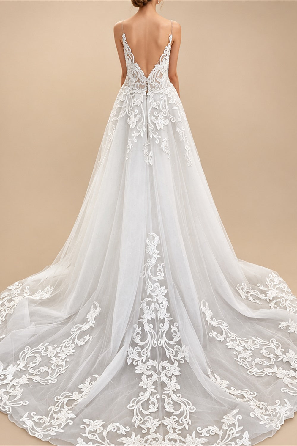 Flowy A Line Tulle V Neck Wedding Dress With Custom Made Beach Bridal Gown