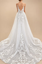 Flowy A Line Tulle V Neck Wedding Dress With Custom Made Beach Bridal Gown
