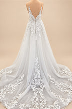 Flowy A Line Tulle V Neck Wedding Dress With Custom Made Beach Bridal Gown