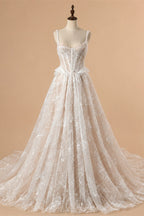 Luxury Ivory Square Neck Corset Lace Tulle A-Line Wedding Dress with Train ZP064