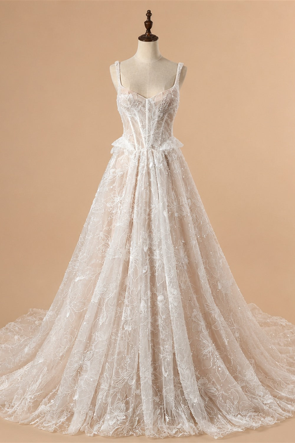 Luxury Ivory Square Neck Corset Lace Tulle A-Line Wedding Dress with Train ZP064