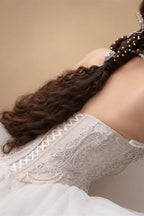 White Draped Pearl Tulle Ball Gown Bridal Dress with Puff Sleeves ZP205