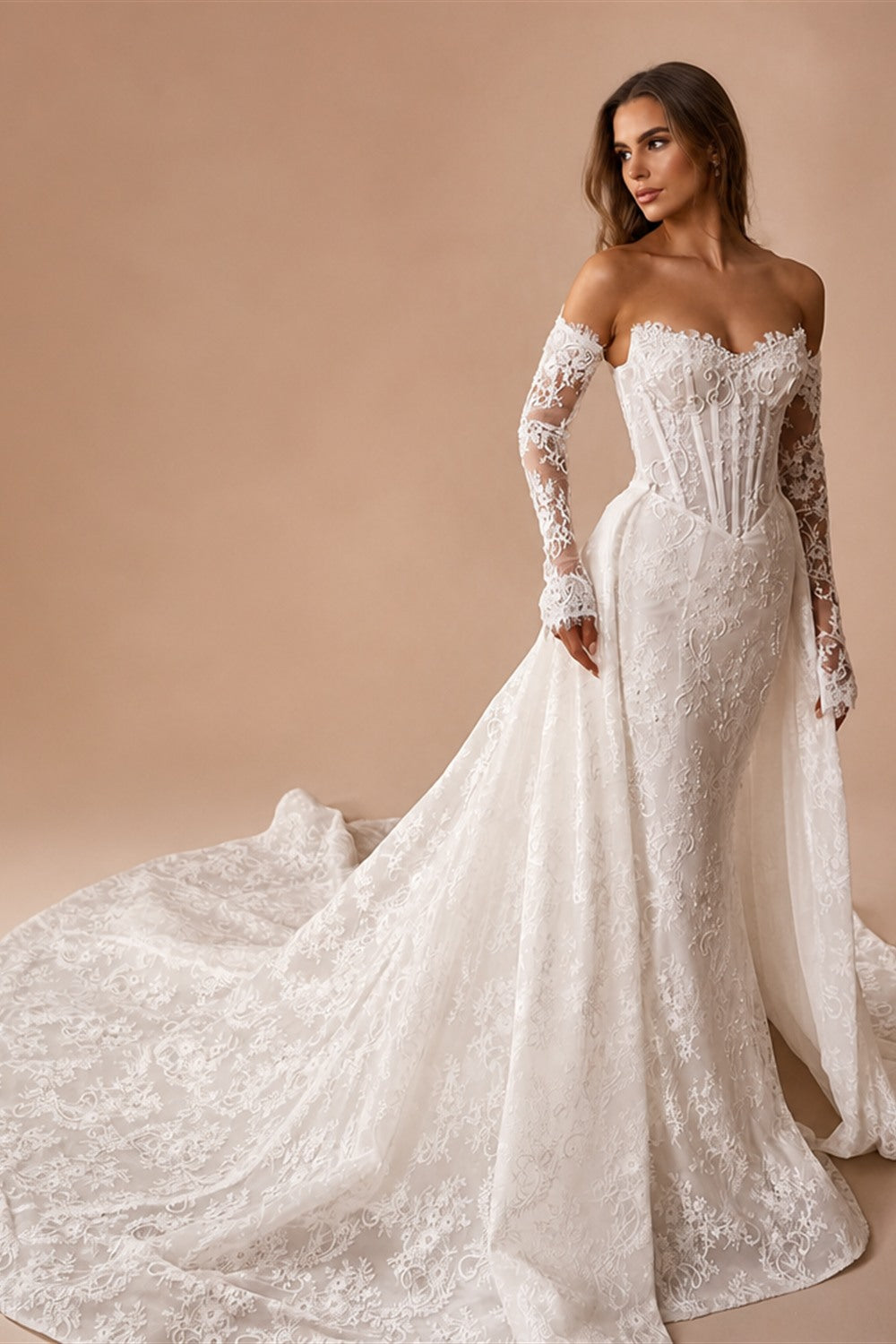 Alonlivn Customize Made Beauty Lace Fitted Beaded 2 In 1 Mermaid Wedding Gowns Trumpet Removable Train Bridal Gowns