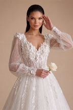 Elegant White V-Neck Long Sleeve Lace-Up Back A-Line Wedding Dress ZP060