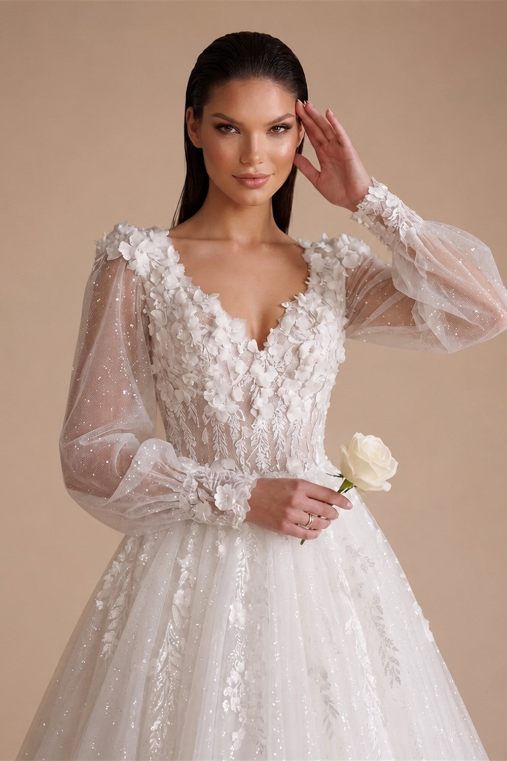 Elegant White V-Neck Long Sleeve Lace-Up Back A-Line Wedding Dress ZP060