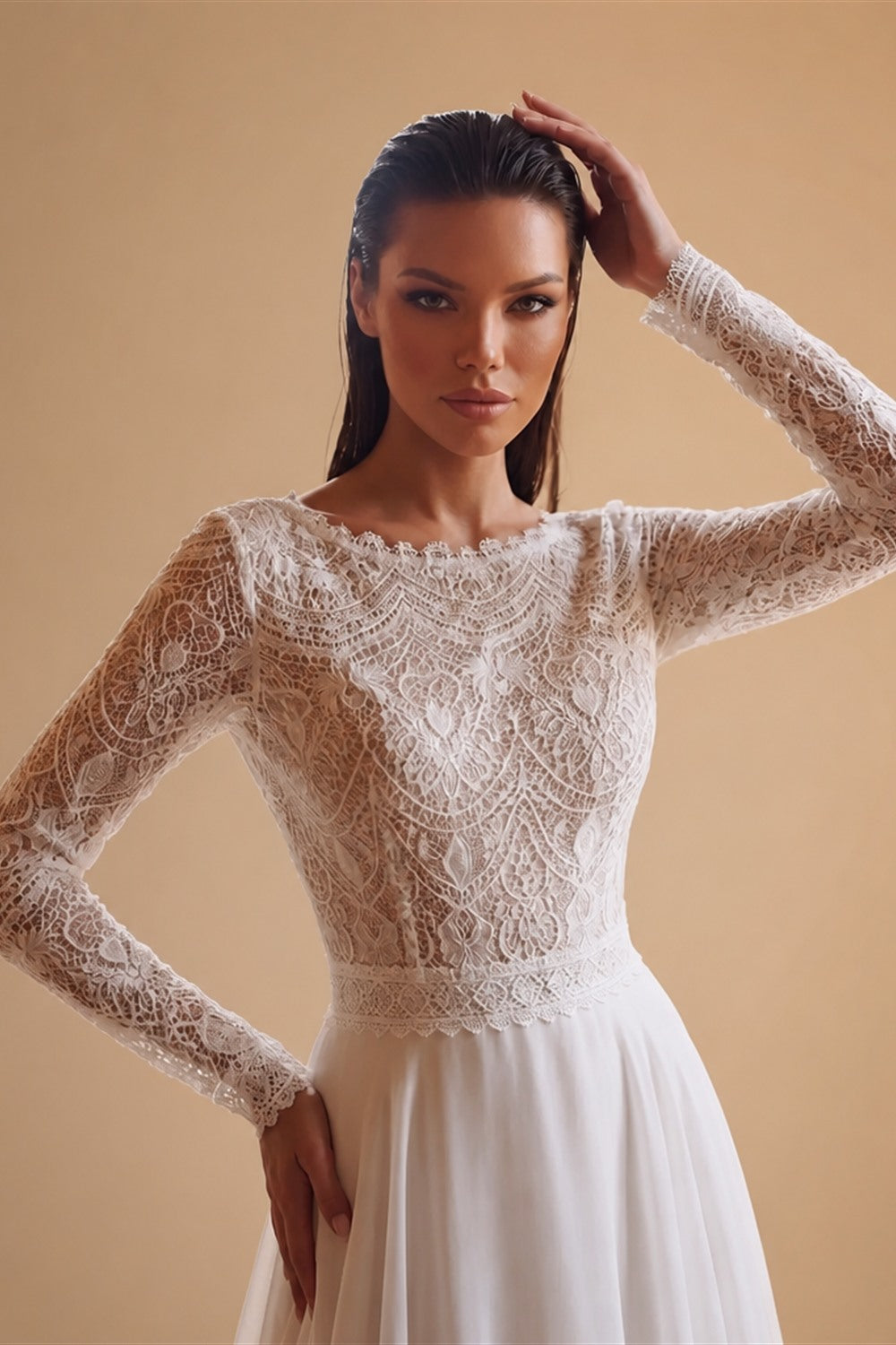 Glamorous White Long Sleeve Lace Wedding Dress with Removable Chiffon Overlay ZP058