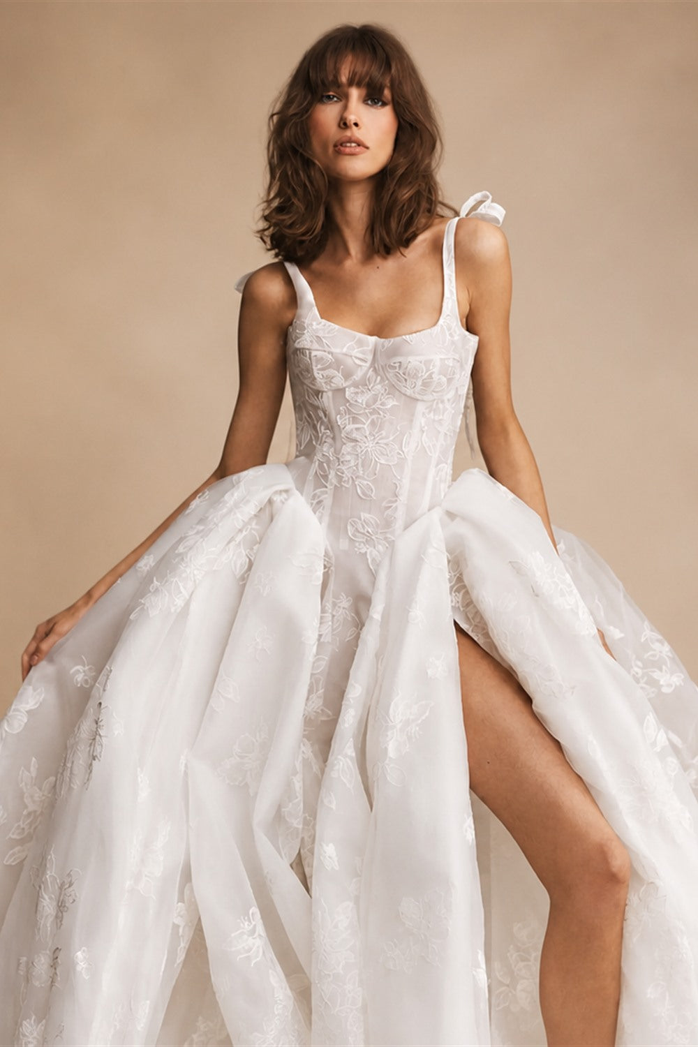 Luxury Ivory Lace Embroidery High-Slit Train Wedding Dress ZP151