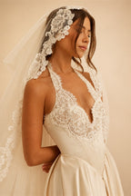 Luxury Spaghetti Strap V-Neck Lace Satin A-Line Wedding Dress with Veil ZP040
