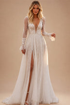 Romantic A-line Wedding Dress 2027 For Women Long Sleeves Bride Split Lace Appliques Bridal Gowns Vestido De Noiva