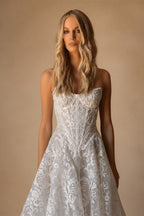 Vintage White Strapless Lace A-Line Wedding Dress with Scalloped Train ZP092