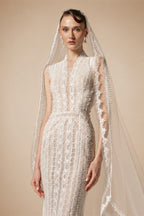 Elegant Ivory High Neck Sheer Lace Long Sleeves Mermaid Wedding Dress with Veil ZP085