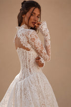 Vintage Ivory High Neck Long Sleeve Lace Backless Ball Gown Wedding Dress ZP131
