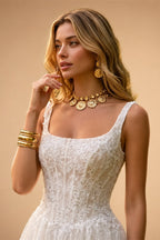 White Lace Spaghetti Strap Bridal Gown Square Neck Beaded Corset Ball Gown ZP012