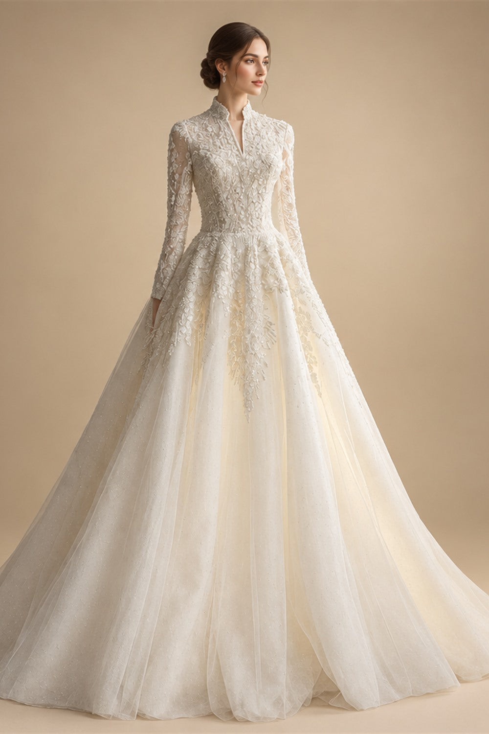 Luxury Sequin Pearl Long Sleeve Ball Gown Wedding Dress ZP186