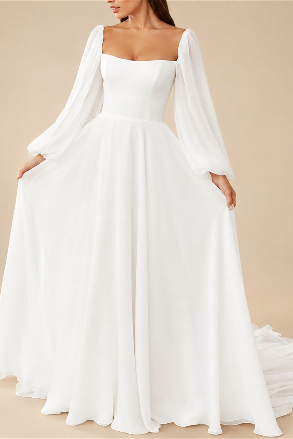 Hall Casual Wedding Dresses A-Line Square Neck Long Sleeve Court Train Chiffon Bridal Gowns With Bow(s) Solid Color