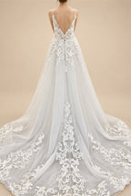 Flowy A Line Tulle V Neck Wedding Dress With Custom Made Beach Bridal Gown
