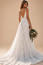 Spaghetti Strap Deep V Boho Wedding Dress Floral Lace Applique Tulle A Line Bridal Gowns Low Back Wedding Gowns Customized