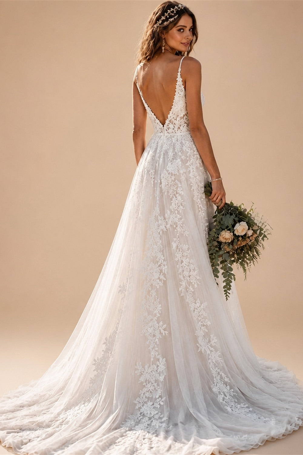 Spaghetti Strap Deep V Boho Wedding Dress Floral Lace Applique Tulle A Line Bridal Gowns Low Back Wedding Gowns Customized