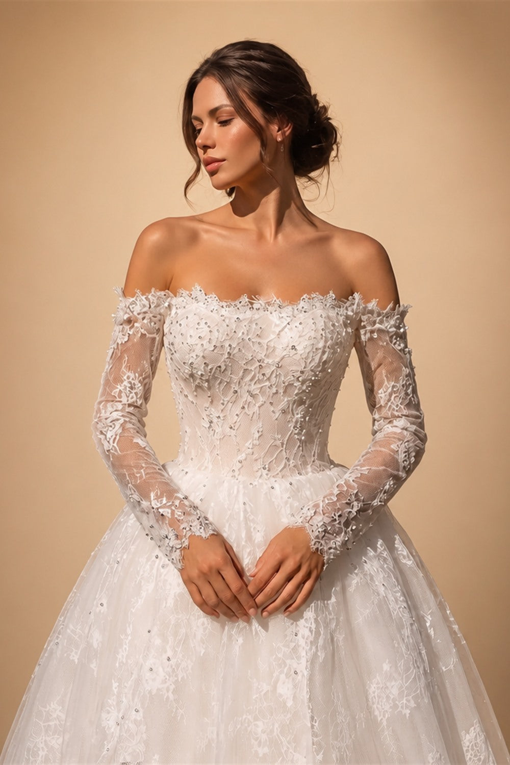White Lace and Tulle Ball Gown Wedding Dress Off the Shoulder Beaded Bridal Dress ZP013