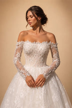 White Lace and Tulle Ball Gown Wedding Dress Off the Shoulder Beaded Bridal Dress ZP013