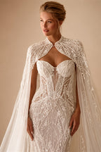 Luxury Sparkling Beaded Lace Wedding Dress With Cape Elegant Mermaid Long Bridal Gown Customized Illusion Dresses For Bride