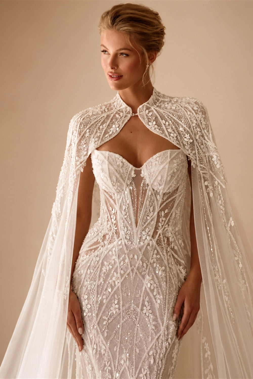 Luxury Sparkling Beaded Lace Wedding Dress With Cape Elegant Mermaid Long Bridal Gown Customized Illusion Dresses For Bride