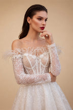 Elegant White Off-Shoulder Feather Lace Corset Mini Wedding Dress ZP061