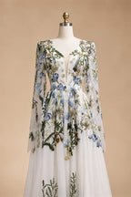 Luxury White Embroidery Long Sleeve Boho Train Wedding Dress ZP158