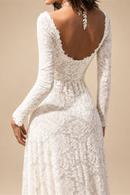 A-Line Evening Gown Open Back Dress Formal Wedding Party Dress Sweep / Brush Train Long Sleeve Jewel Neck Lace with Appliques
