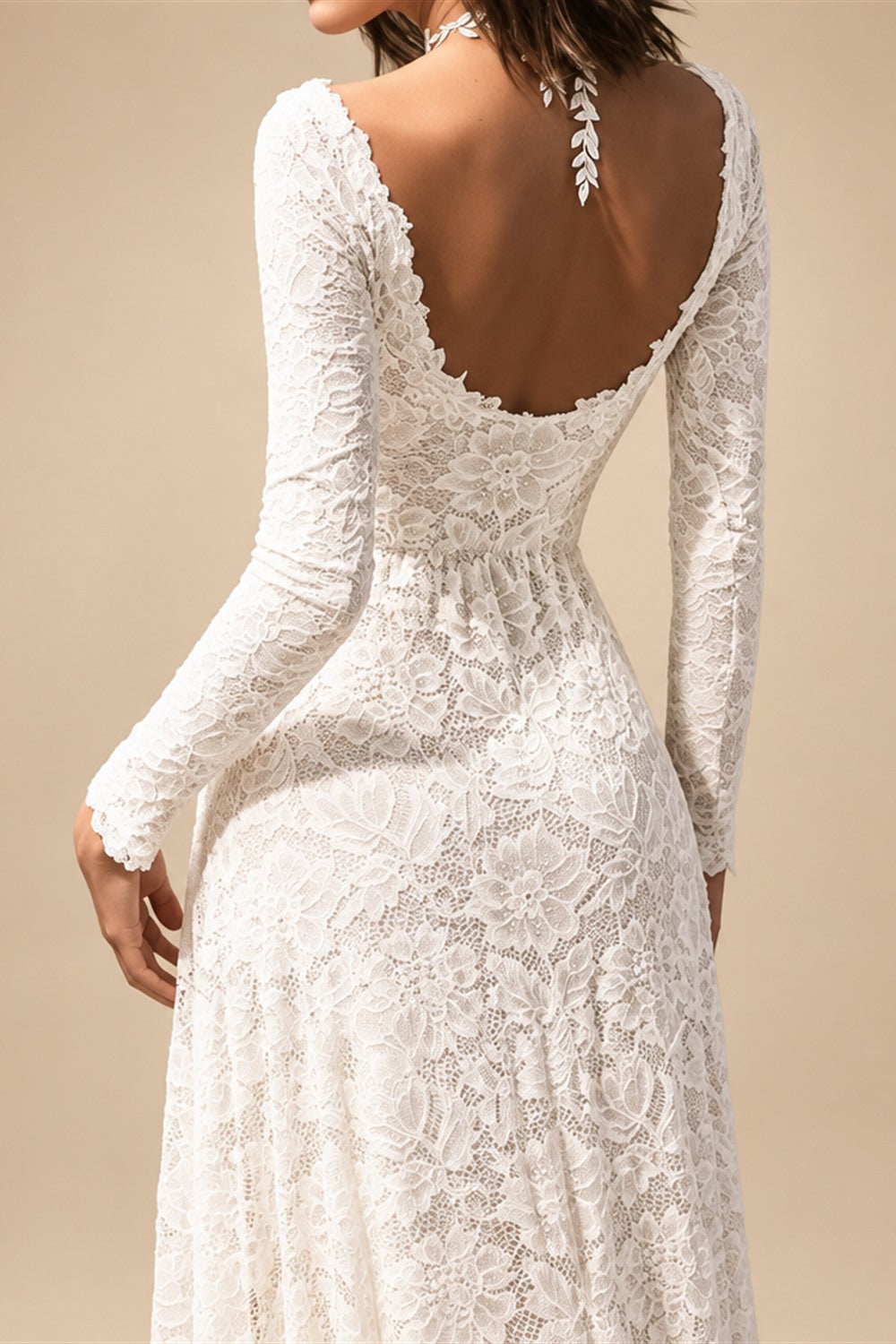 A-Line Evening Gown Open Back Dress Formal Wedding Party Dress Sweep / Brush Train Long Sleeve Jewel Neck Lace with Appliques
