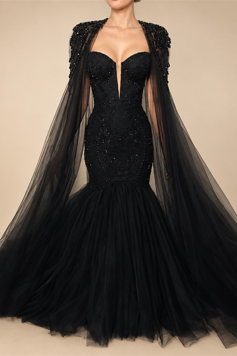 Black Luxury Gothic Wedding Dress Mermaid Beaded Lace Tassel Cape  ZP196