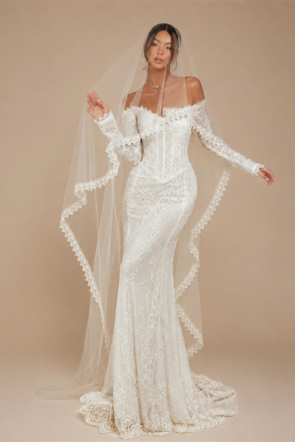 White Off the Shoulder Long Sleeve Lace Mermaid Wedding Dress